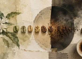 Colagem com ramo de cafeeiro em flor, fila de grãos de café do verde ao castanho escuro, e chávena de café. É a evolução do sabor do café
