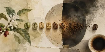 Colagem com ramo de cafeeiro em flor, fila de grãos de café do verde ao castanho escuro, e chávena de café. É a evolução do sabor do café