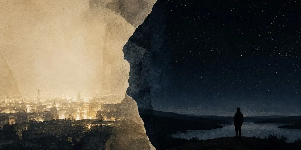 Composição dividida ao meio: à esquerda uma cidade iluminada sob um céu sem estrelas, à direita a noite estrelada com uma figura solitária a contemplá-la