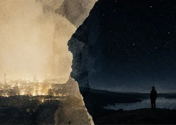 Composição dividida ao meio: à esquerda uma cidade iluminada sob um céu sem estrelas, à direita a noite estrelada com uma figura solitária a contemplá-la