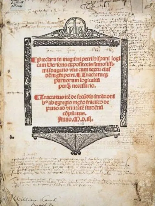 Página impressa de uma edição de 1481 das Summulae logicales atribuídas ao polímata Pedro Hispano, com texto latino em duas colunas