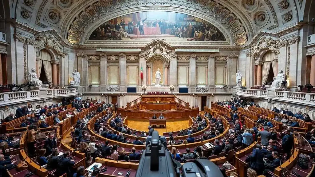 Sala das Sessões do Palácio de São Bento vista de cima, com os deputados nas bancadas em semicírculo. A revisão da constituição passa por aqui