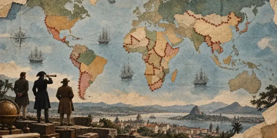 Colagem em papel envelhecido com um mapa-múndi antigo onde linhas vermelhas cosidas marcam fronteiras em África e na América do Sul; em primeiro plano, três viajantes do século XIX em silhueta observam uma baía com o Pão de Açúcar.