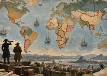 Colagem em papel envelhecido com um mapa-múndi antigo onde linhas vermelhas cosidas marcam fronteiras em África e na América do Sul; em primeiro plano, três viajantes do século XIX em silhueta observam uma baía com o Pão de Açúcar.