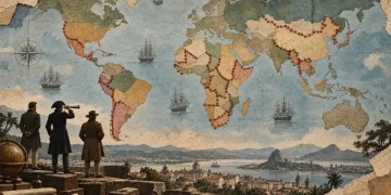 Colagem em papel envelhecido com um mapa-múndi antigo onde linhas vermelhas cosidas marcam fronteiras em África e na América do Sul; em primeiro plano, três viajantes do século XIX em silhueta observam uma baía com o Pão de Açúcar.