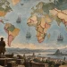 Colagem em papel envelhecido com um mapa-múndi antigo onde linhas vermelhas cosidas marcam fronteiras em África e na América do Sul; em primeiro plano, três viajantes do século XIX em silhueta observam uma baía com o Pão de Açúcar.