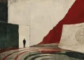 Colagem com sala circular, diagonal vermelha e papel com o brasão português, sobre arcos concêntricos