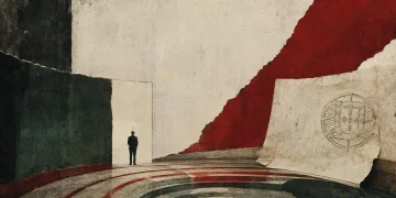 Colagem com sala circular, diagonal vermelha e papel com o brasão português, sobre arcos concêntricos