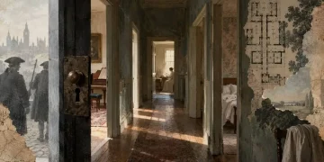 Colagem editorial com um corredor de casa antiga ao centro, portas abertas para uma sala com piano, um quarto e uma divisão onde uma mulher escreve à janela, planta de arquitetura sobreposta à direita e, à esquerda, gravura esbatida de uma cidade com dois homens de tricórnio junto a uma porta com fechadura de ferro