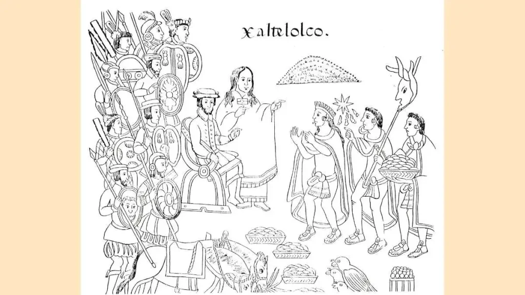 La Malinche em pé entre Hernán Cortés e chefes indígenas na cidade de Xaltelolco, desenho do códice History of Tlaxcala do século XVI