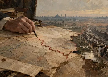 Uma mão de homem, sem rosto visível, segura uma caneta e traça uma linha vermelha sobre um mapa antigo estendido numa mesa, entre pilhas de papéis e um tinteiro. A linha sai da folha e continua pelo terreno até ao horizonte, onde se vê uma cidade com cúpulas e minaretes. À direita, uma coluna de pessoas caminha ao longo da via, junto a um comboio apinhado com passageiros sentados no tejadilho. Imagem gerada por IA ilustrativa do artigo sobre a linha de radcliffe