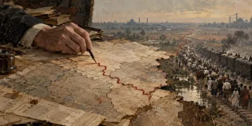 Uma mão de homem, sem rosto visível, segura uma caneta e traça uma linha vermelha sobre um mapa antigo estendido numa mesa, entre pilhas de papéis e um tinteiro. A linha sai da folha e continua pelo terreno até ao horizonte, onde se vê uma cidade com cúpulas e minaretes. À direita, uma coluna de pessoas caminha ao longo da via, junto a um comboio apinhado com passageiros sentados no tejadilho. Imagem gerada por IA ilustrativa do artigo sobre a linha de radcliffe