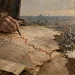 Uma mão de homem, sem rosto visível, segura uma caneta e traça uma linha vermelha sobre um mapa antigo estendido numa mesa, entre pilhas de papéis e um tinteiro. A linha sai da folha e continua pelo terreno até ao horizonte, onde se vê uma cidade com cúpulas e minaretes. À direita, uma coluna de pessoas caminha ao longo da via, junto a um comboio apinhado com passageiros sentados no tejadilho. Imagem gerada por IA ilustrativa do artigo sobre a linha de radcliffe