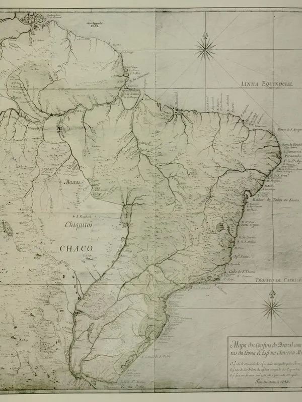 Mapa manuscrito de 1749 com as fronteiras entre as possessões portuguesas e espanholas na América do Sul, conhecido como Mapa das Cortes