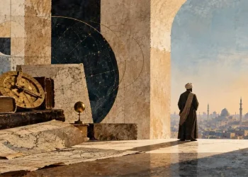 Astrolábio, carta de estrelas, globo, mapas e livros antigos diante de uma cidade com cúpulas e minaretes, colagem sobre a polimatia islâmica