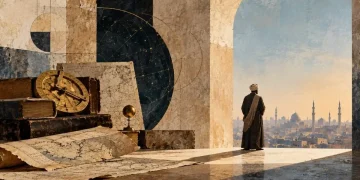 Astrolábio, carta de estrelas, globo, mapas e livros antigos diante de uma cidade com cúpulas e minaretes, colagem sobre a polimatia islâmica