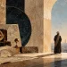 Astrolábio, carta de estrelas, globo, mapas e livros antigos diante de uma cidade com cúpulas e minaretes, colagem sobre a polimatia islâmica