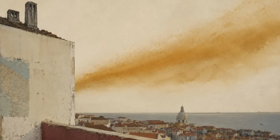 Vista de Alfama e do estuário do Tejo a partir de um miradouro alto, com a cúpula do Panteão Nacional ao centro e uma faixa de poeira ocre a atravessar o céu, simulando as poeiras do saara. Em primeiro plano, a empena de um edifício com um fragmento de carta náutica colado