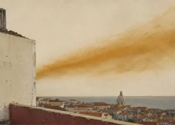 Vista de Alfama e do estuário do Tejo a partir de um miradouro alto, com a cúpula do Panteão Nacional ao centro e uma faixa de poeira ocre a atravessar o céu, simulando as poeiras do saara. Em primeiro plano, a empena de um edifício com um fragmento de carta náutica colado