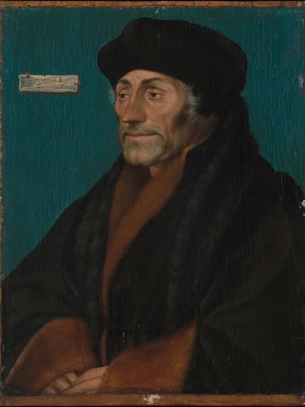 Retrato de Erasmo de Roterdão a três quartos, de barrete preto e casaco de peles, autor do tratado que mandou tapar o bocejo