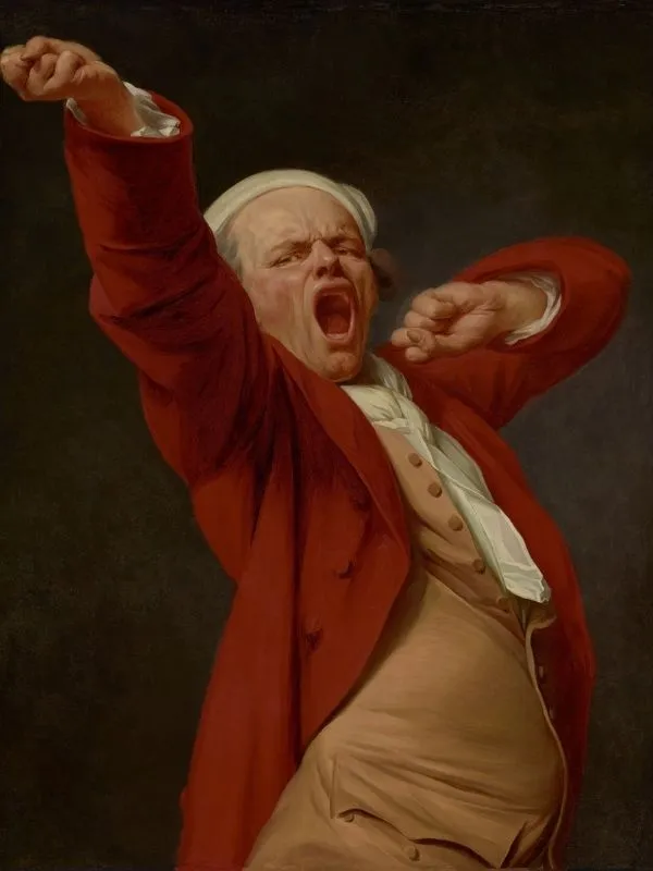 Autorretrato de Joseph Ducreux a meio de um bocejo, de boca aberta e braço levantado, pintado por volta de 1783