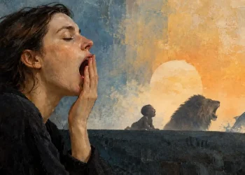 Colagem com o perfil de uma pessoa a meio de um bocejo, uma mão a tapar a boca, uma balança antiga, artérias do pescoço, uma curva de temperatura e a cabeça de um leão