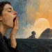 Colagem com o perfil de uma pessoa a meio de um bocejo, uma mão a tapar a boca, uma balança antiga, artérias do pescoço, uma curva de temperatura e a cabeça de um leão