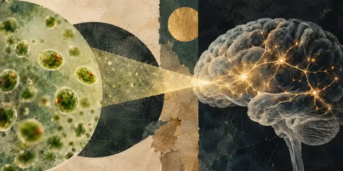 imagem ilustrativa do artigo sobre o Nobel da Medicina: Colagem com algas verdes unicelulares de mancha ocular laranja vistas numa lente, de onde parte um feixe de luz âmbar que ilumina neurónios num cérebro humano
