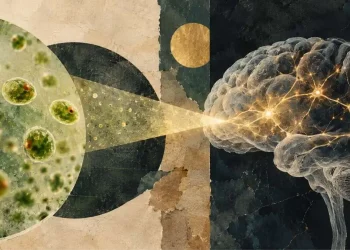 imagem ilustrativa do artigo sobre o Nobel da Medicina: Colagem com algas verdes unicelulares de mancha ocular laranja vistas numa lente, de onde parte um feixe de luz âmbar que ilumina neurónios num cérebro humano