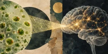 imagem ilustrativa do artigo sobre o Nobel da Medicina: Colagem com algas verdes unicelulares de mancha ocular laranja vistas numa lente, de onde parte um feixe de luz âmbar que ilumina neurónios num cérebro humano
