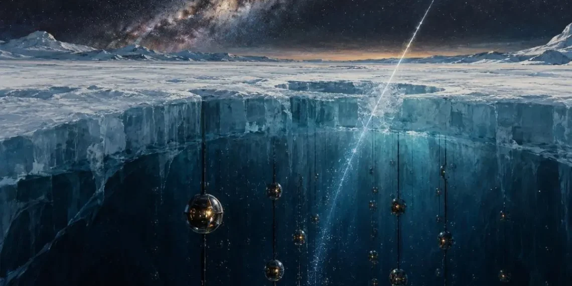 Ilustração do observatório de neutrinos IceCube em corte, com cabos de sensores esféricos no gelo antártico atravessados por um rasto de luz vindo de um céu com a Via Láctea