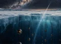 Ilustração do observatório de neutrinos IceCube em corte, com cabos de sensores esféricos no gelo antártico atravessados por um rasto de luz vindo de um céu com a Via Láctea