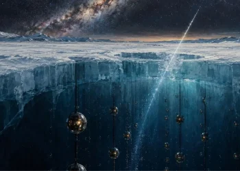 Ilustração do observatório de neutrinos IceCube em corte, com cabos de sensores esféricos no gelo antártico atravessados por um rasto de luz vindo de um céu com a Via Láctea