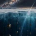 Ilustração do observatório de neutrinos IceCube em corte, com cabos de sensores esféricos no gelo antártico atravessados por um rasto de luz vindo de um céu com a Via Láctea