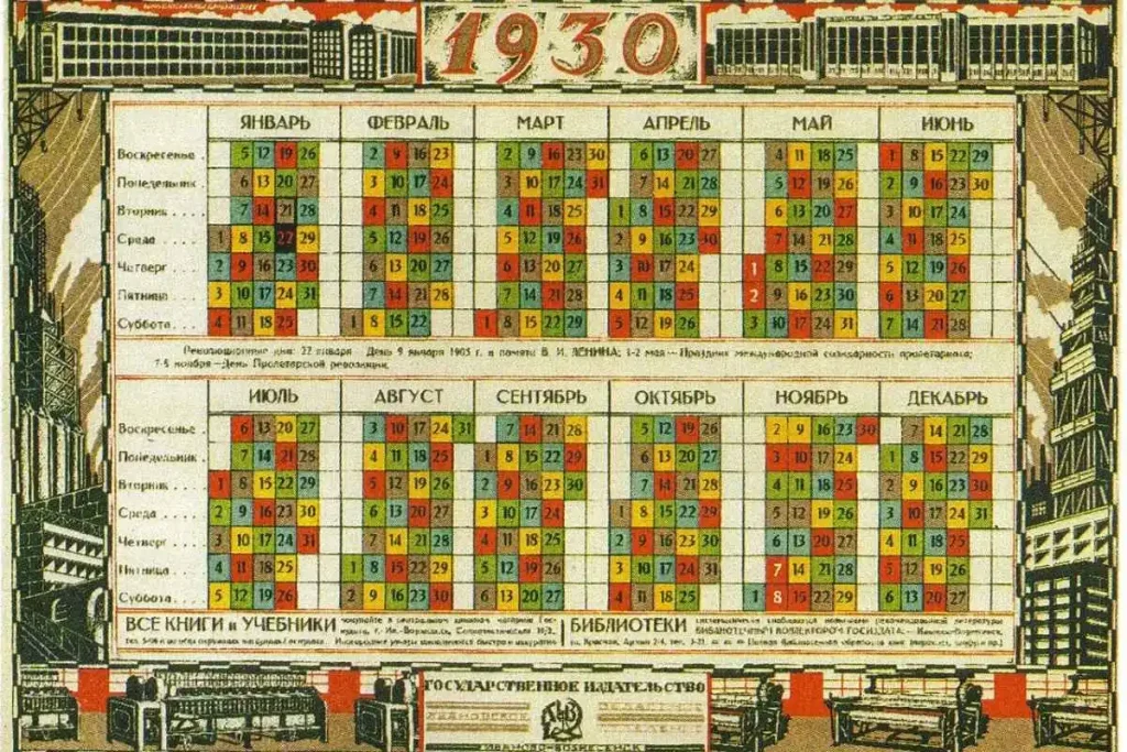 Calendário soviético de 1930 com os dias coloridos da semana contínua de cinco dias, ao lado dos meses gregorianos.