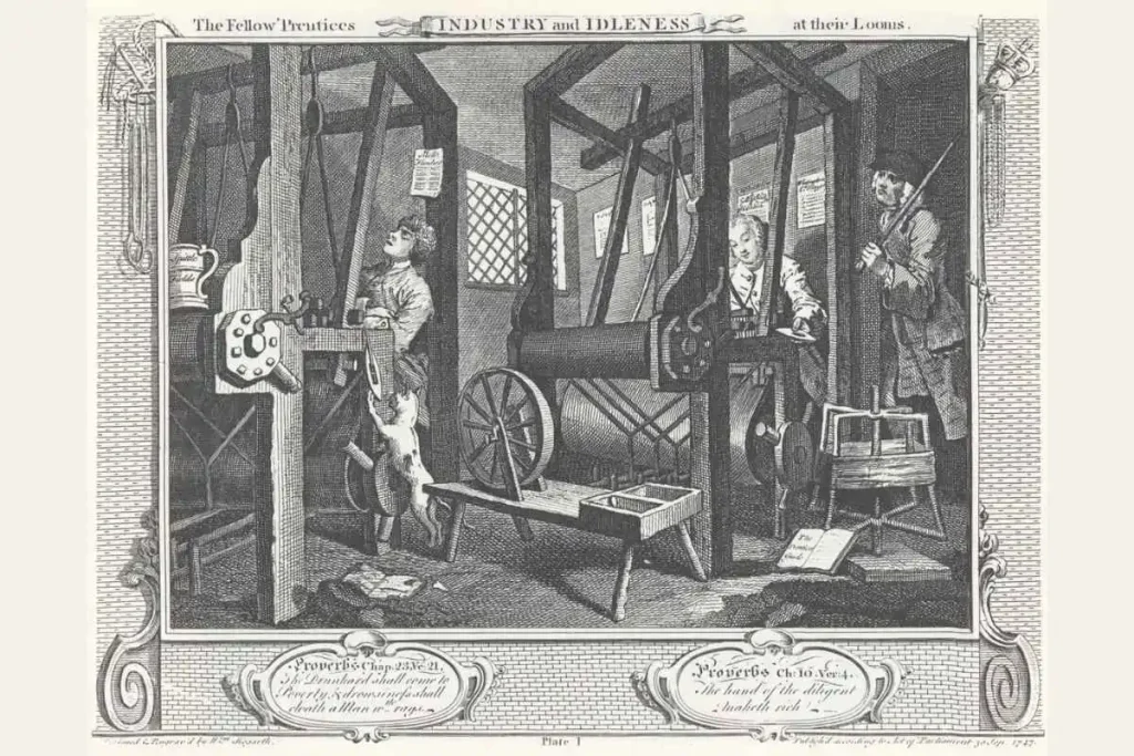 Gravura de William Hogarth de 1747 com dois aprendizes de tecelão em teares, um a trabalhar e outro a dormir, numa oficina inglesa. fim de semana