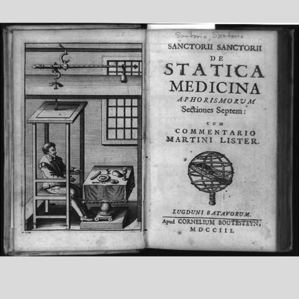 Gravura de 1703 com Santorio Santorio sentado na balança onde se pesava, o médico que ligou o bocejo à transpiração